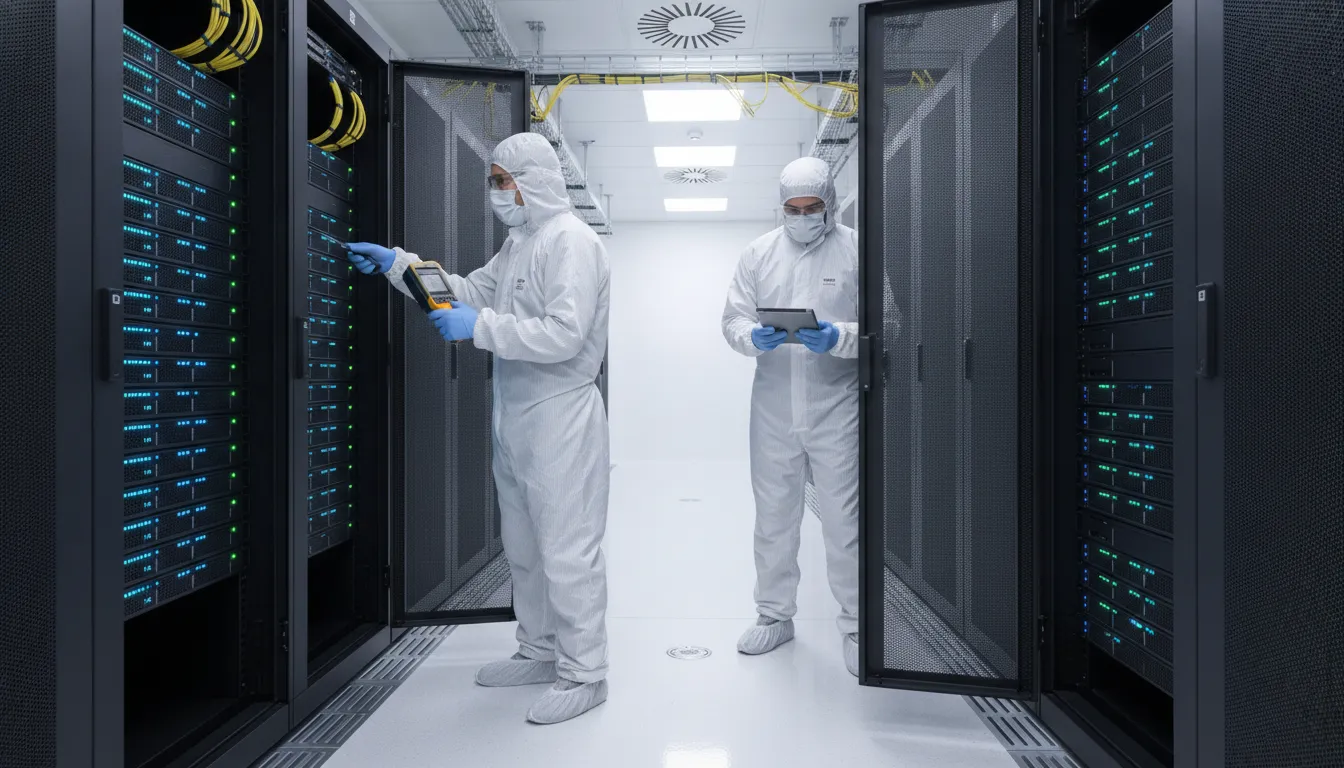 Data Center Maintenance Cleaning: A Facility Guide Facility manager and technician inspecting a data center after maintenance cleaning