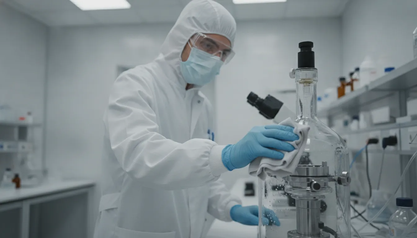 Critical Environment Cleaning Certification: What to Look For Certified technician wearing protective lab coat cleaning laboratory equipment with microfiber cloth
