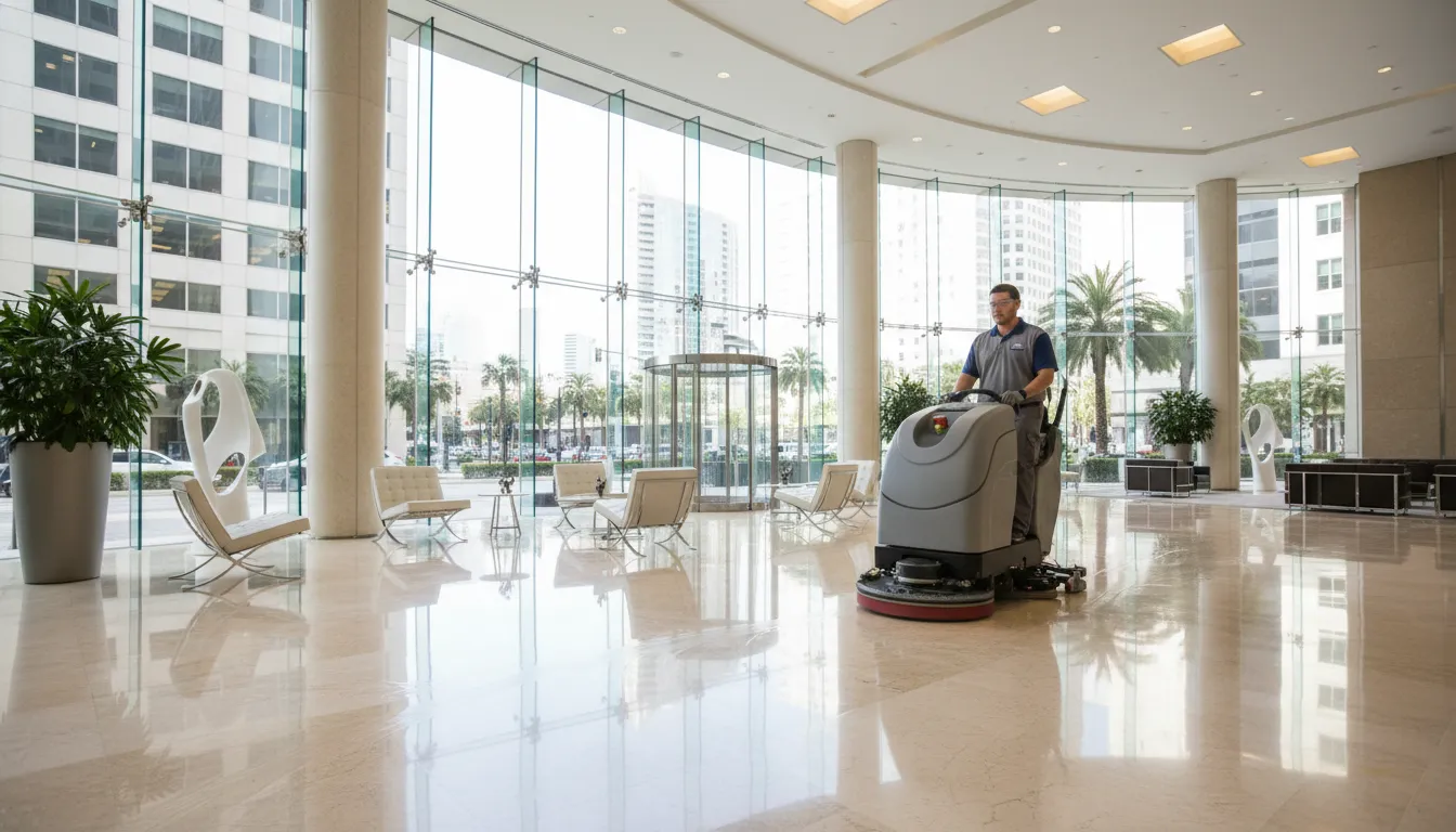 Commercial Cleaning for Class A Office Buildings Commercial cleaning specialist providing floor care in a Class A office lobby