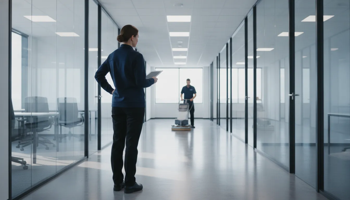 Commercial Cleaning Quality Control: A Better System Commercial cleaning quality control supervisor inspecting a modern office