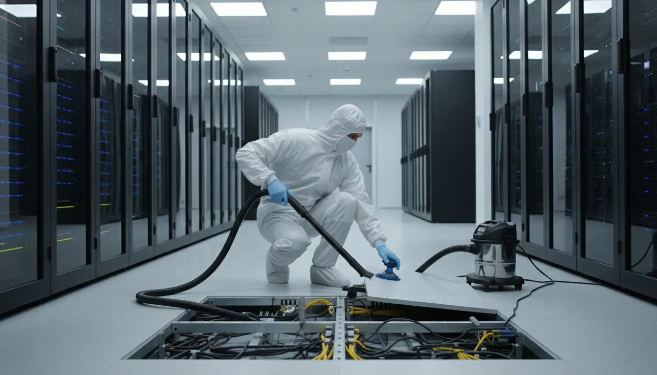 Raised Floor Cleaning Guide for Data Centers Technician performing raised floor cleaning in a data center
