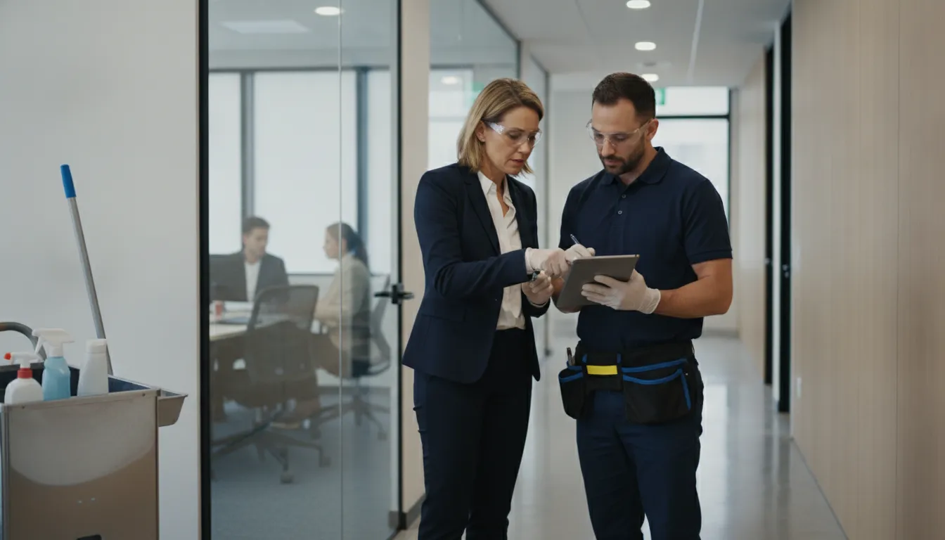 How to Switch Commercial Cleaning Companies Facility manager and Foreman Pro Cleaning supervisor reviewing a commercial cleaning transition