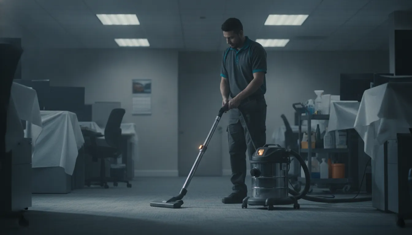 How to Hire Evening Janitorial Service for Your Facility Night-shift technician vacuuming an office carpet in an empty building