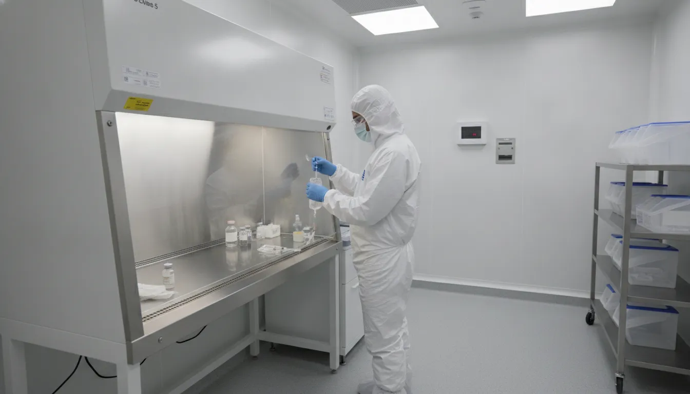 USP 797 Cleanroom Cleaning: Standards for Pharmacies Pharmacy technician in sterile garb working at a laminar airflow workbench inside an ISO Class 5 cleanroom