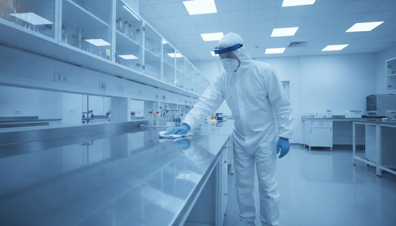 Laboratory Cleaning Checklist for Research Labs Cleaning technician following a laboratory cleaning checklist at a research lab workbench