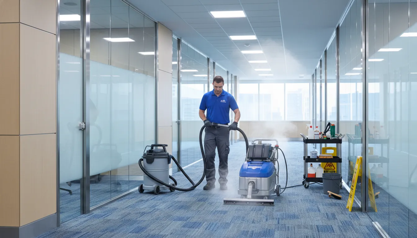 Commercial Carpet Cleaning Frequency by Facility Type Professional hot water extraction during an office carpet cleaning service