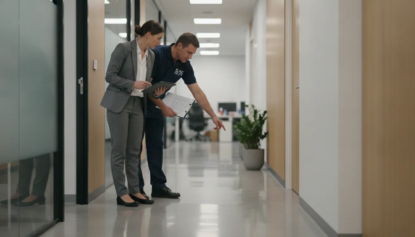 Commercial Cleaning Quality Assurance Checklist Guide Facility manager and cleaning supervisor completing a commercial cleaning quality inspection