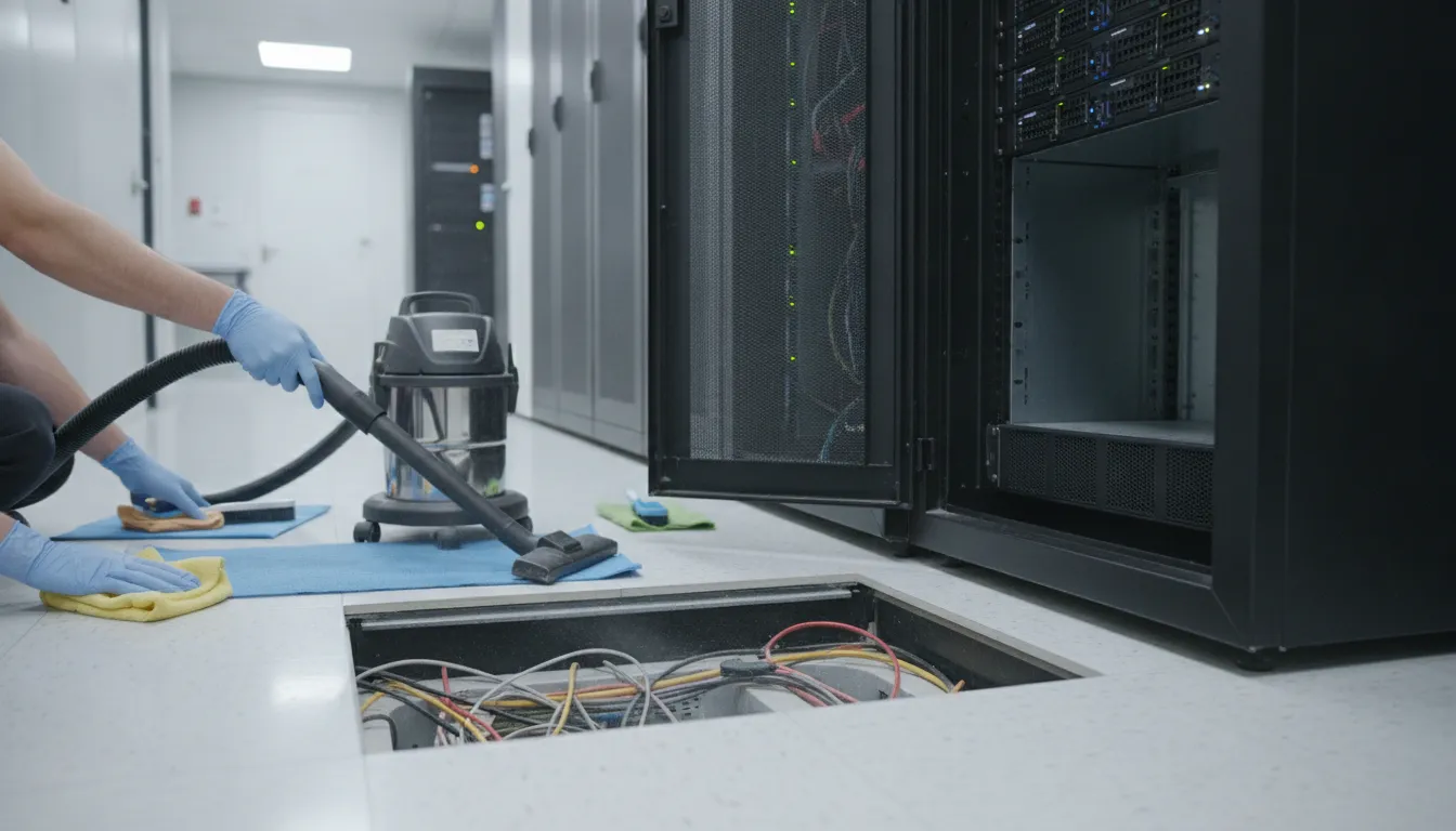 Technician using a connected HEPA vacuum beside a raised access floor in a data center
