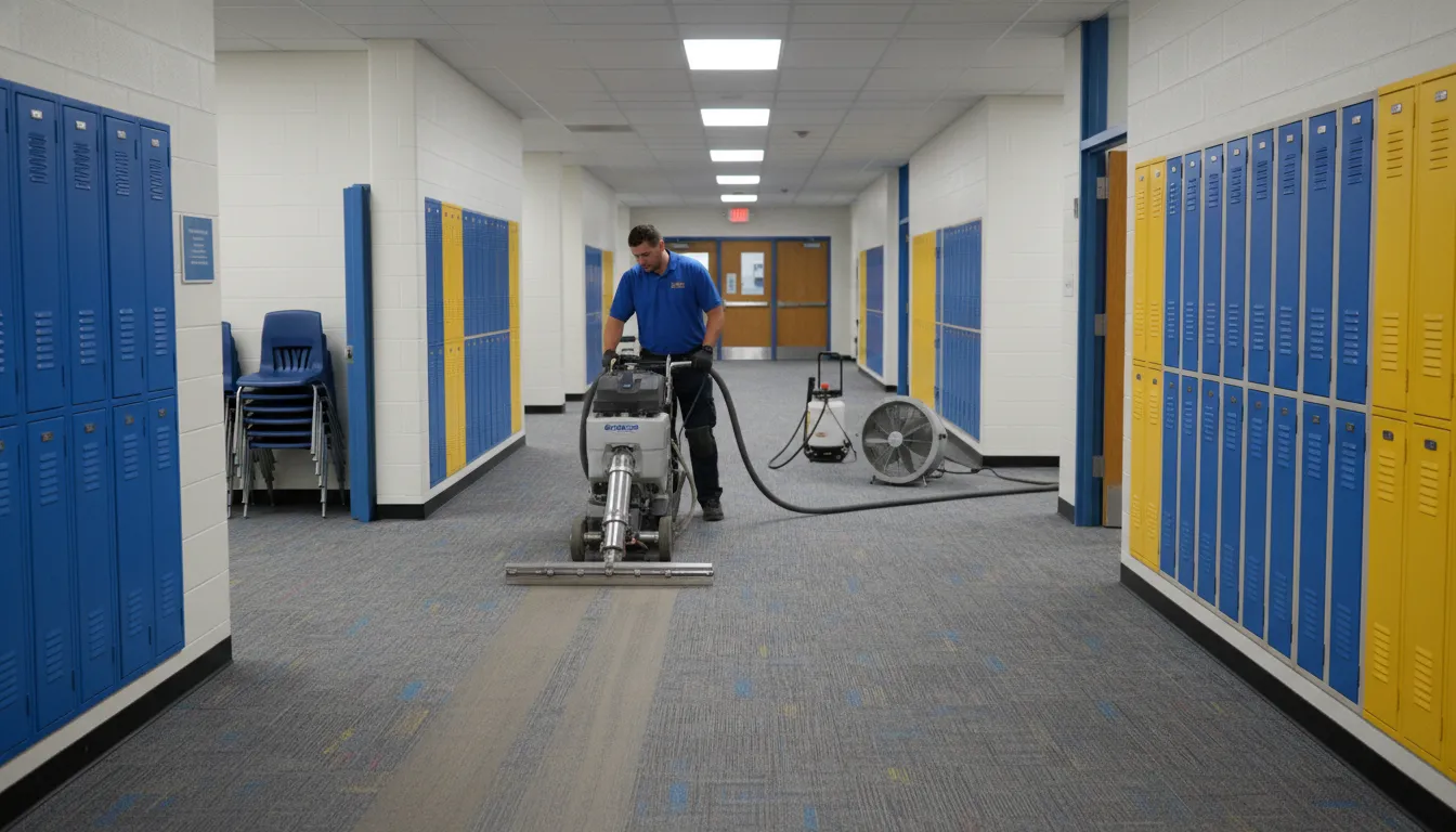 Commercial Carpet Cleaning Frequency by Facility Type Commercial carpet cleaning in a school hallway after hours