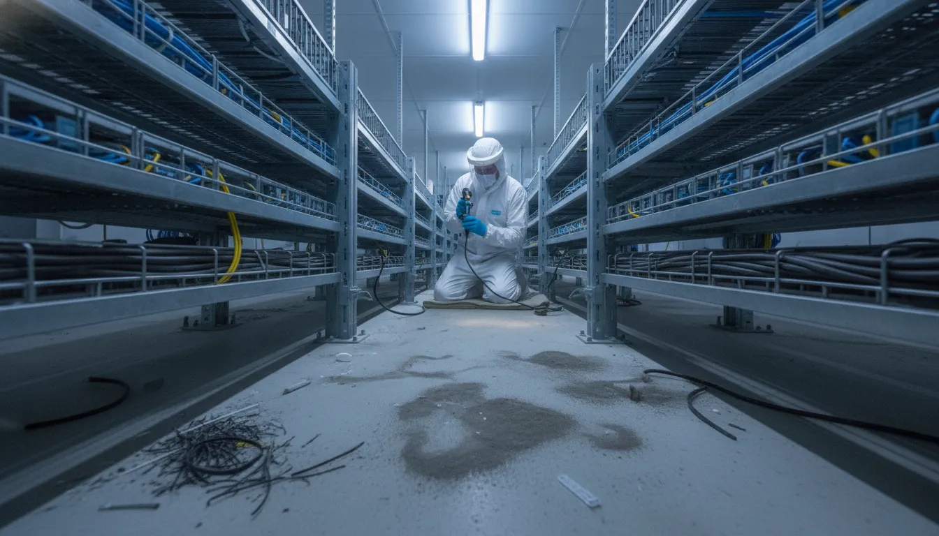 Data Center Subfloor Contamination: Response Guide Technician inspecting data center subfloor contamination beneath a raised floor