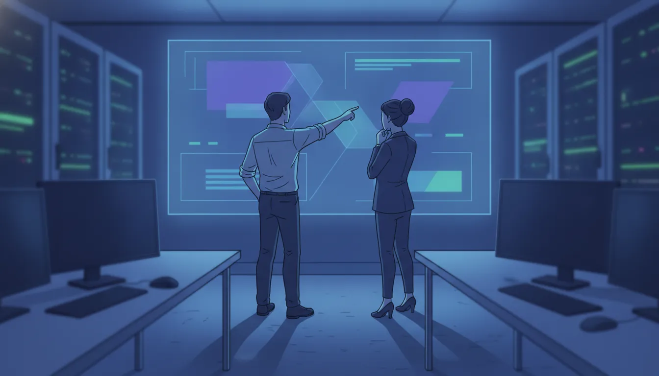 Two cybersecurity analysts reviewing risk exposure in a modern security operations center