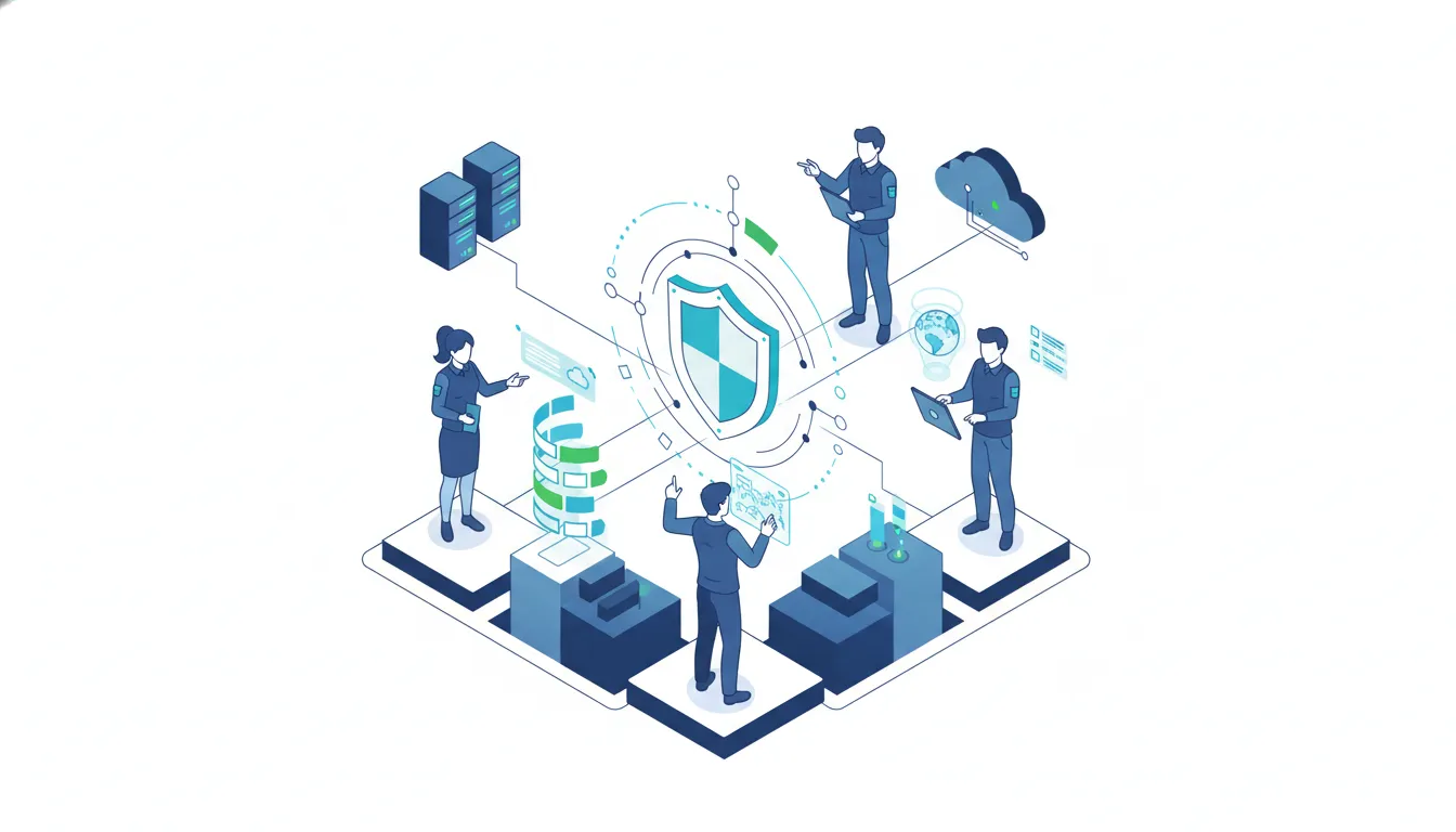 Thin-line illustration of a small business incident response team coordinating around a secure network