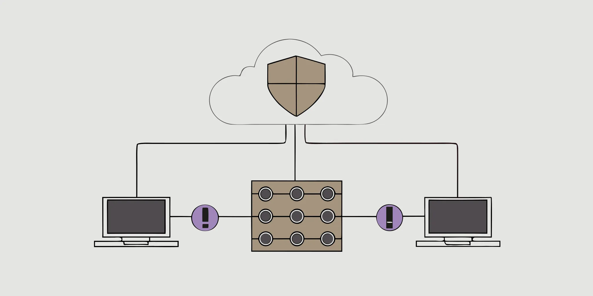 Vector illustration of a shield over cloud and infrastructure nodes representing flat-rate vulnerability management coverage