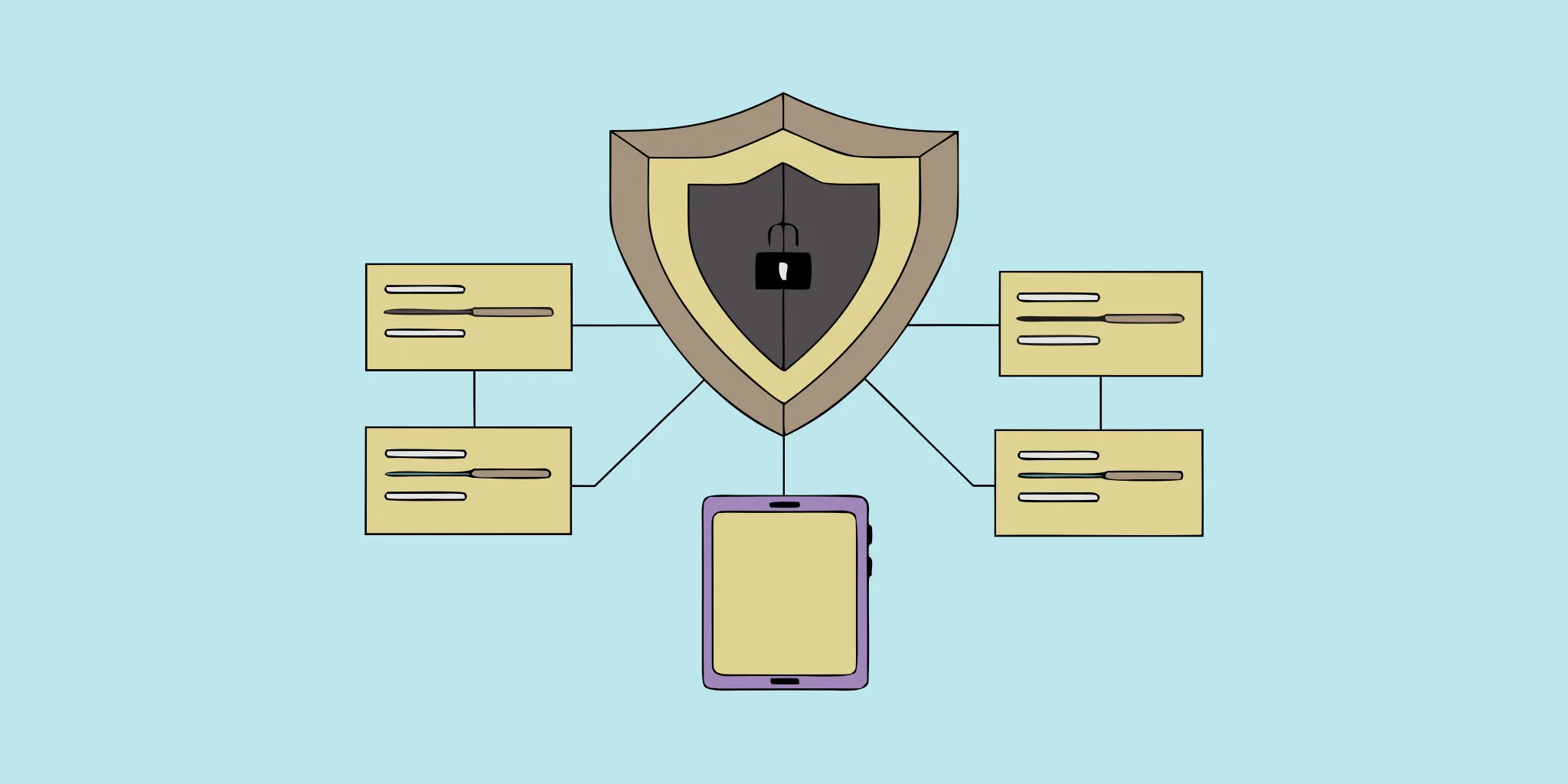 Vector illustration of a shield merging with scanning nodes for vulnerability discovery and compliance evidence