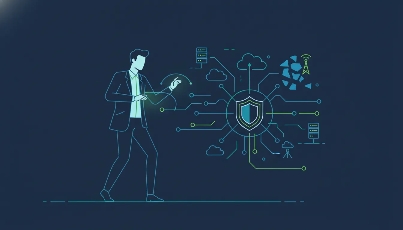 Thin-line illustration of a cybersecurity analyst mapping an organization's external attack surface