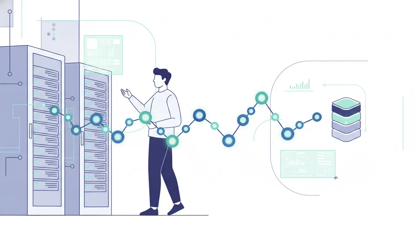 Thin-line vector illustration of a security engineer reviewing connected systems and evidence nodes