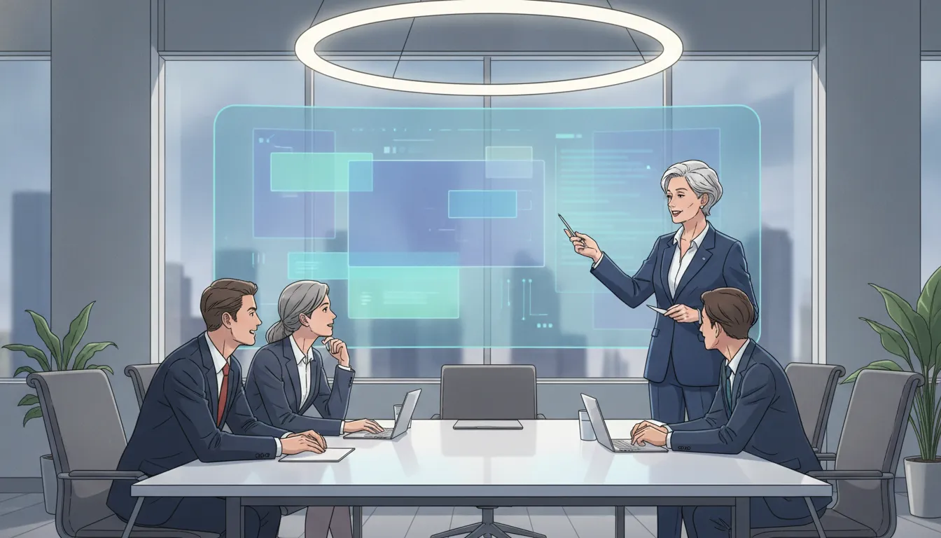 Cybersecurity consultant presenting a compliance overview to business executives in a modern office