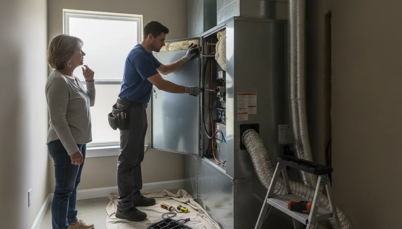 HVAC technician inspecting an indoor air handler and duct connections during AC replacement planning