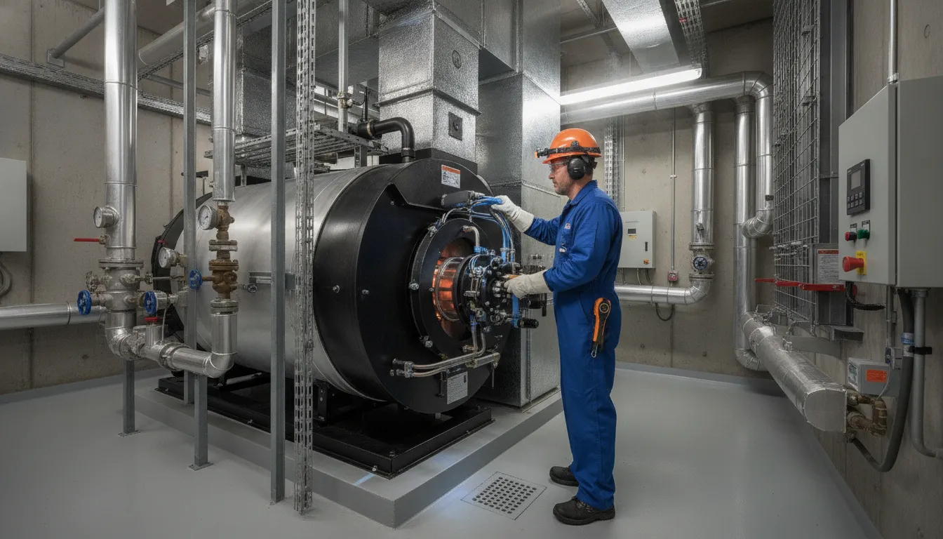Technician diagnosing an industrial boiler during boiler repair service