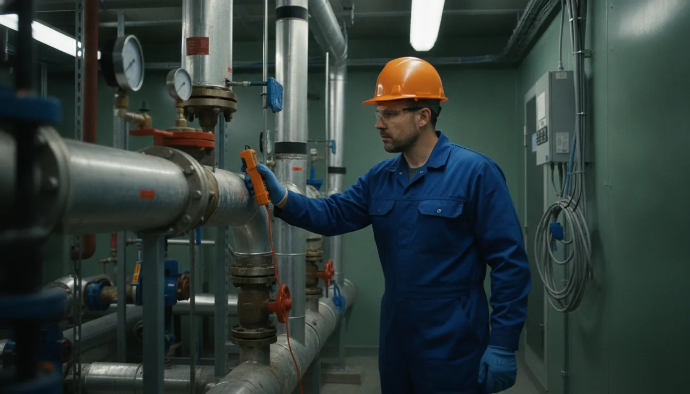 Technician checking commercial chiller pipes valves and pumps during diagnosis