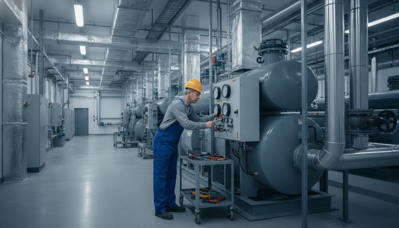HVAC technician inspecting an industrial chiller for repair warning signs