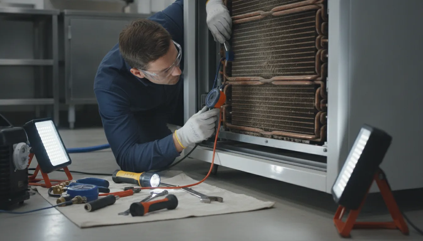 A QRC HVAC & Refrigeration technician inspecting dirty condenser coils in Winston-Salem
