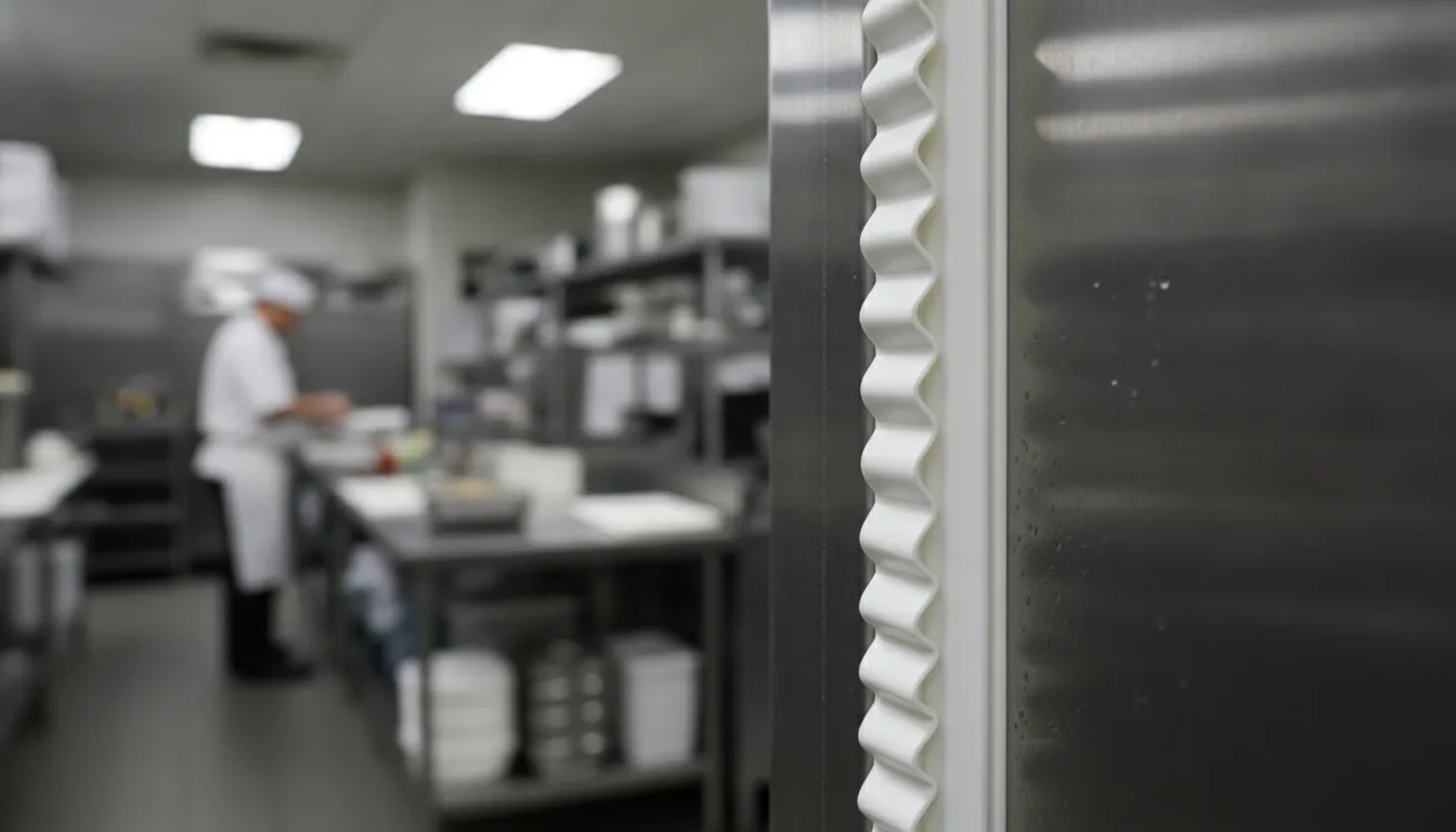 Close-up of a commercial kitchen walk-in cooler door gasket being cleaned