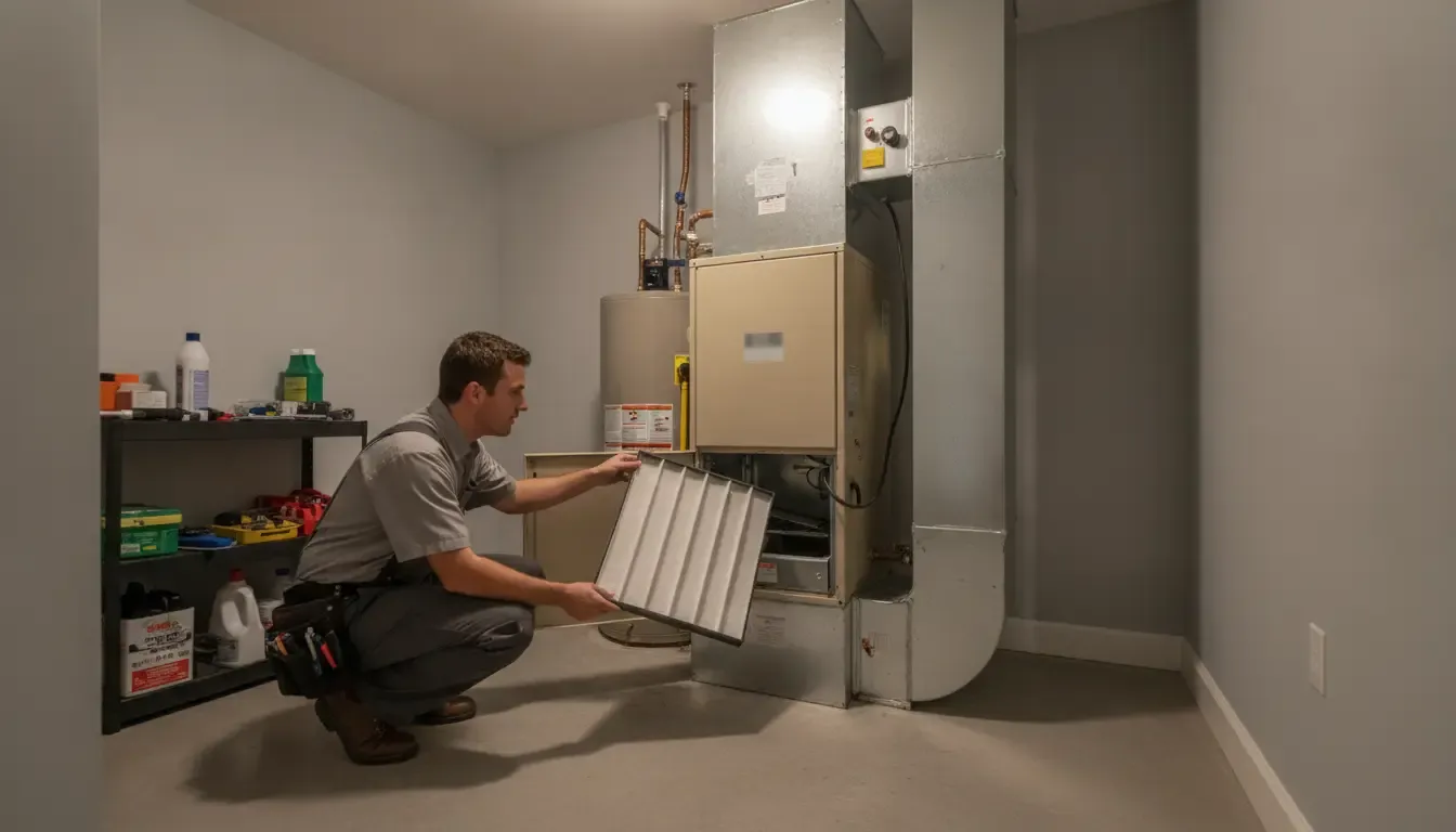 Technician inspecting a home furnace before winter