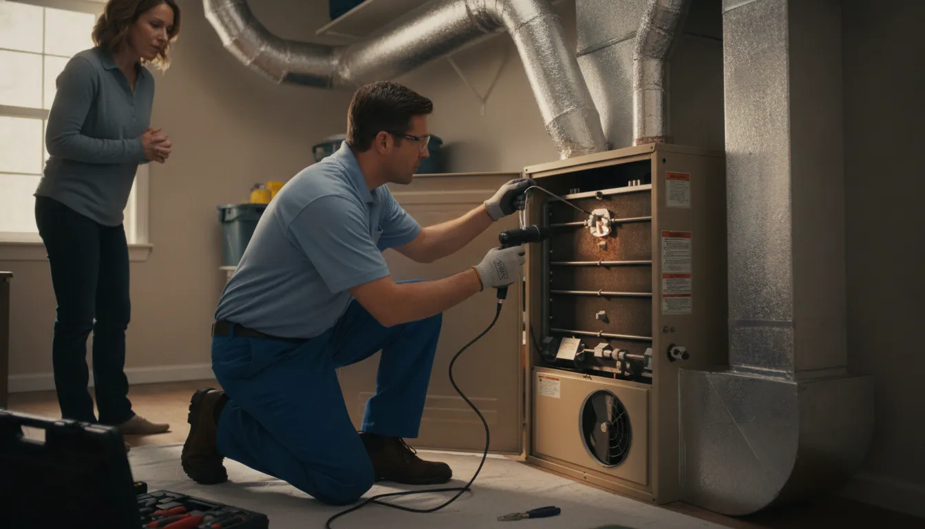HVAC technician inspecting furnace components during a High Point home evaluation