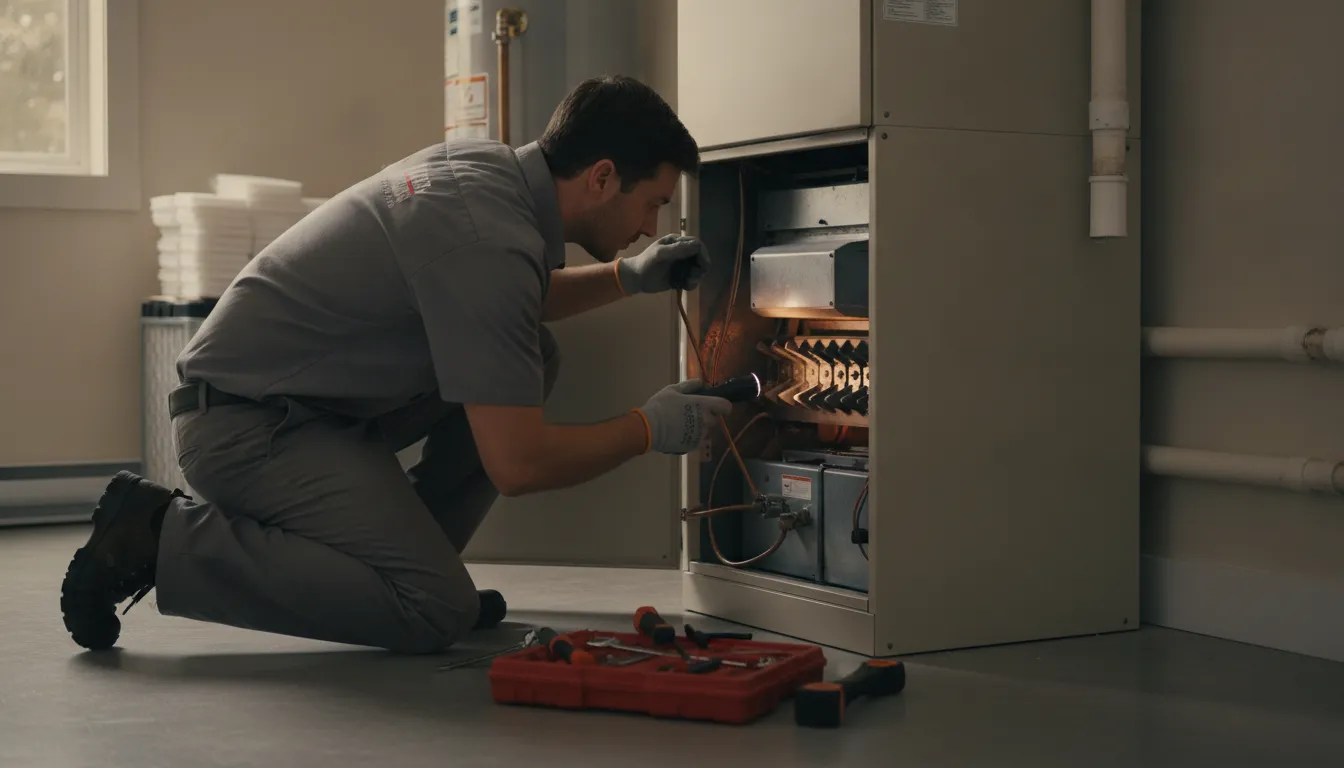 Technician evaluating a furnace during a Lewisville repair or replacement assessment