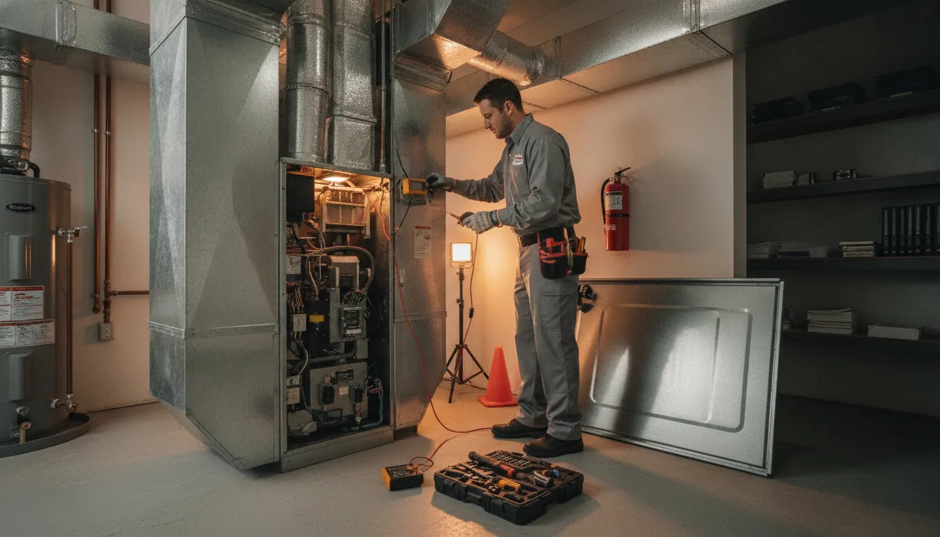HVAC technician inspecting a residential furnace in Mocksville