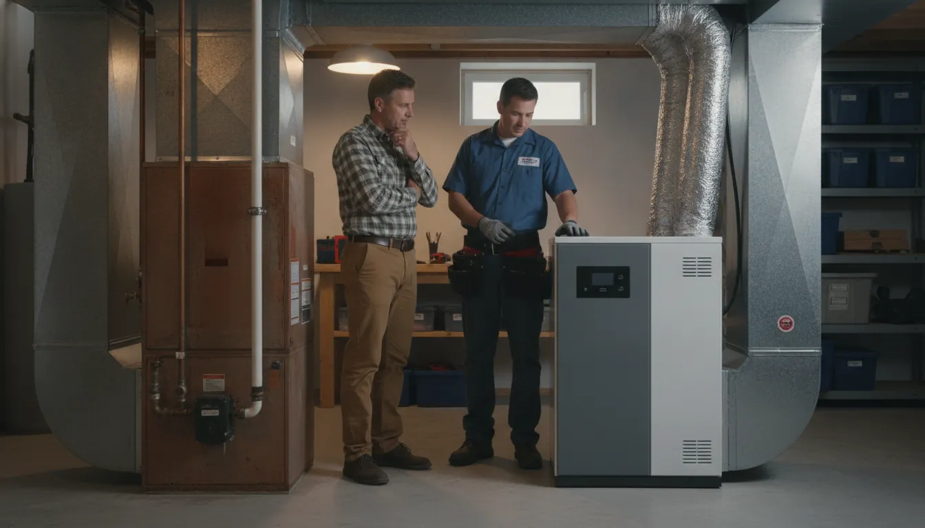Mocksville homeowner discussing a furnace replacement with an HVAC technician