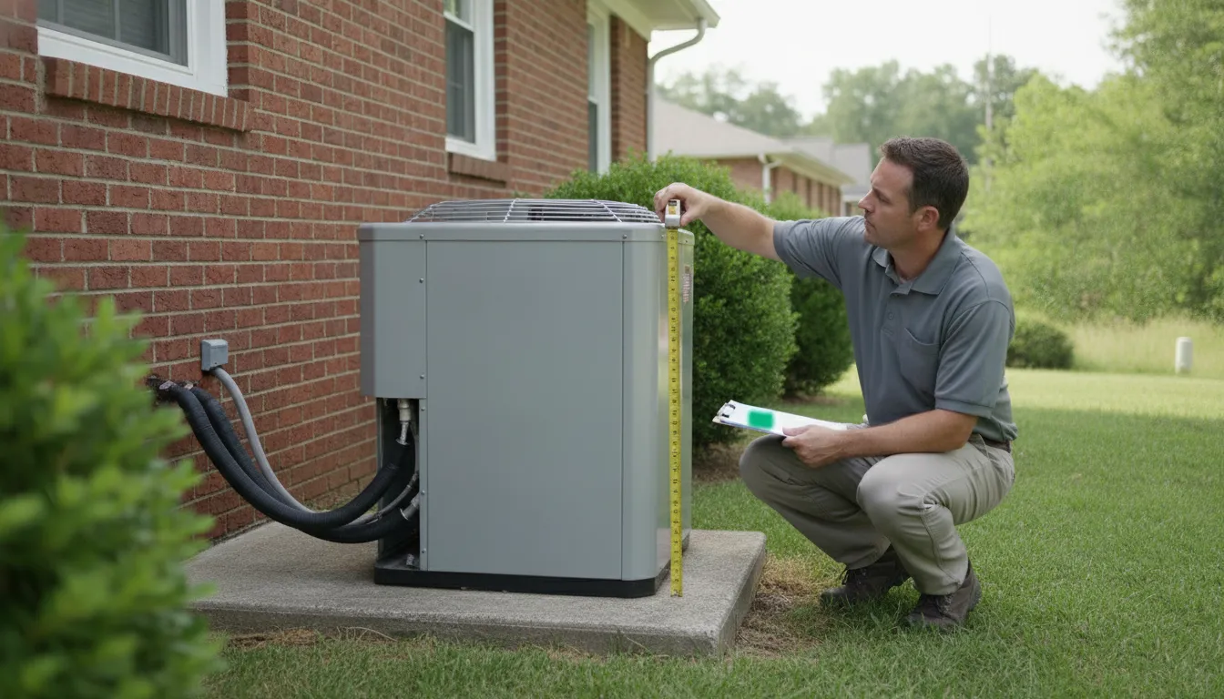 HVAC technician measuring a residential heat pump beside a brick home