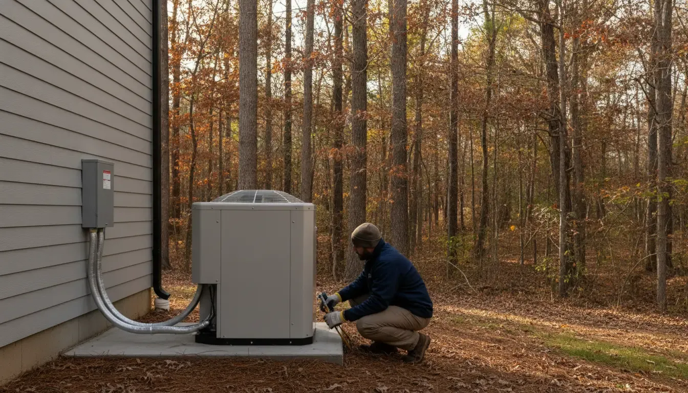Technician inspecting a residential heat pump outdoor unit before winter in Bermuda Run