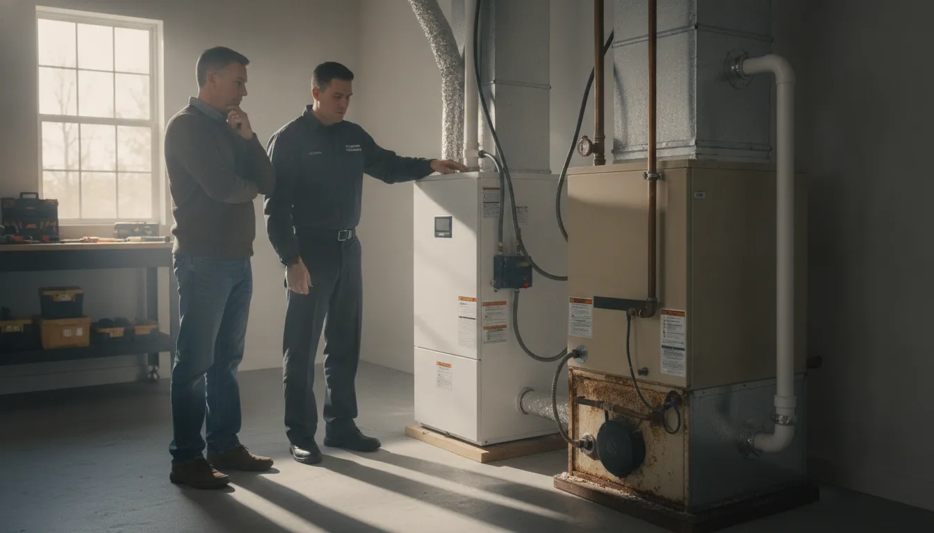 Yadkinville homeowner reviewing furnace repair and replacement options with an HVAC technician