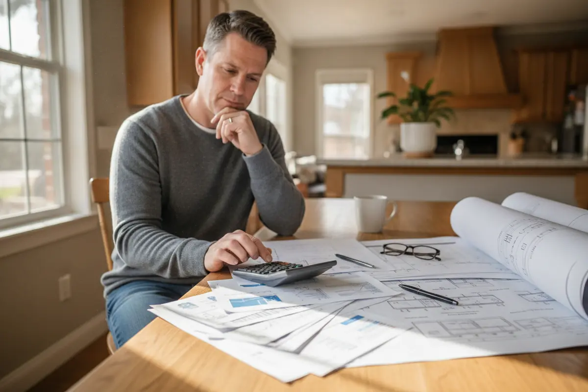 Homeowner comparing energy bills and HVAC estimates at a kitchen table