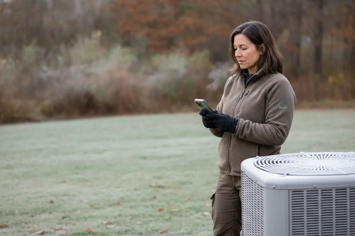 Homeowner noting frost on an outdoor heat pump before calling for service