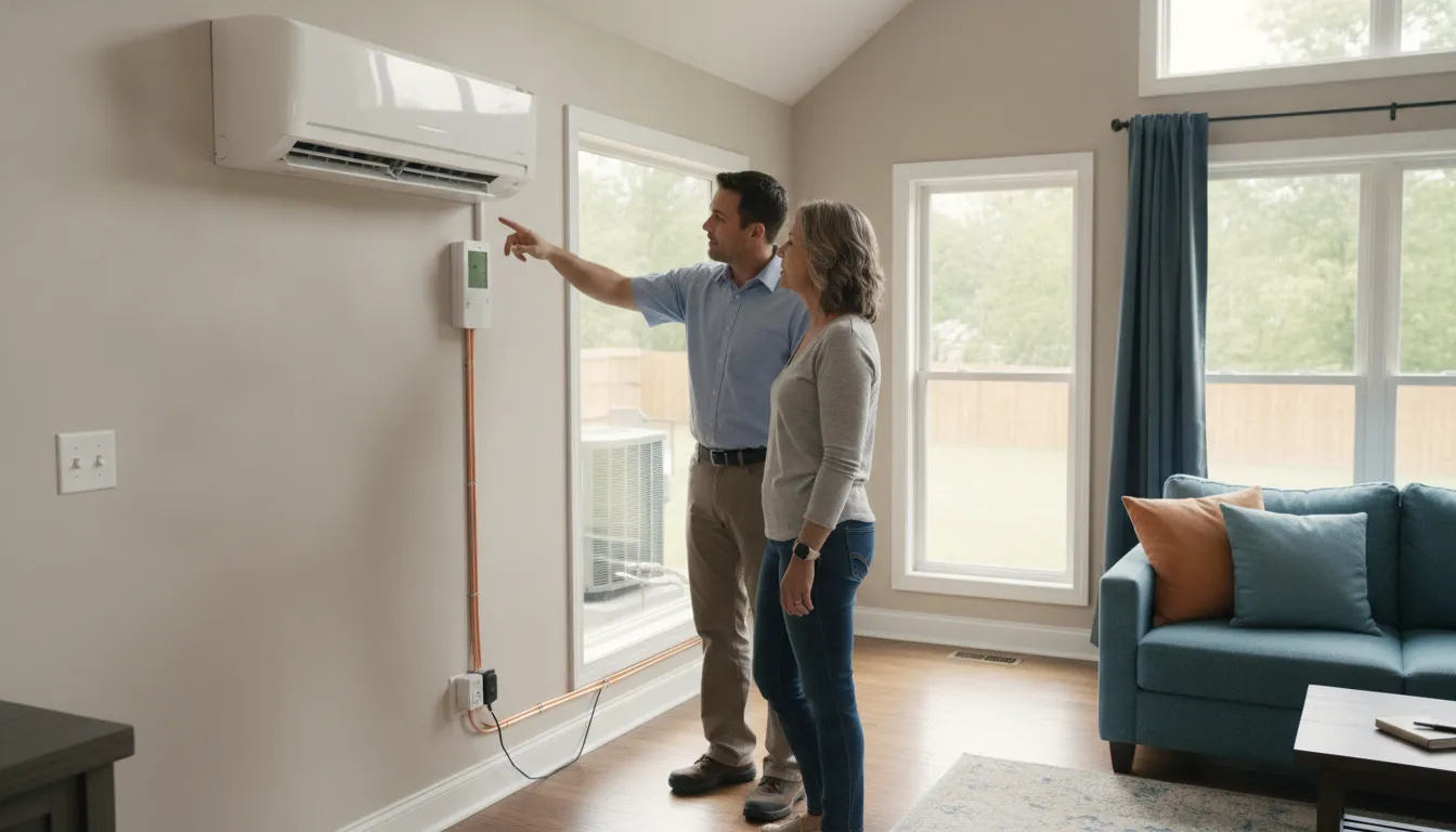 Technician reviewing a multi-zone mini-split layout with a Yadkinville homeowner