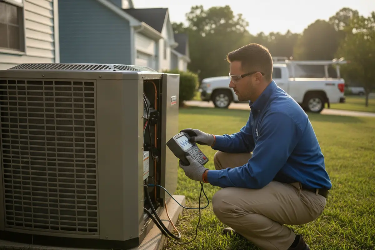 HVAC technician checking a residential heat pump during a service visit
