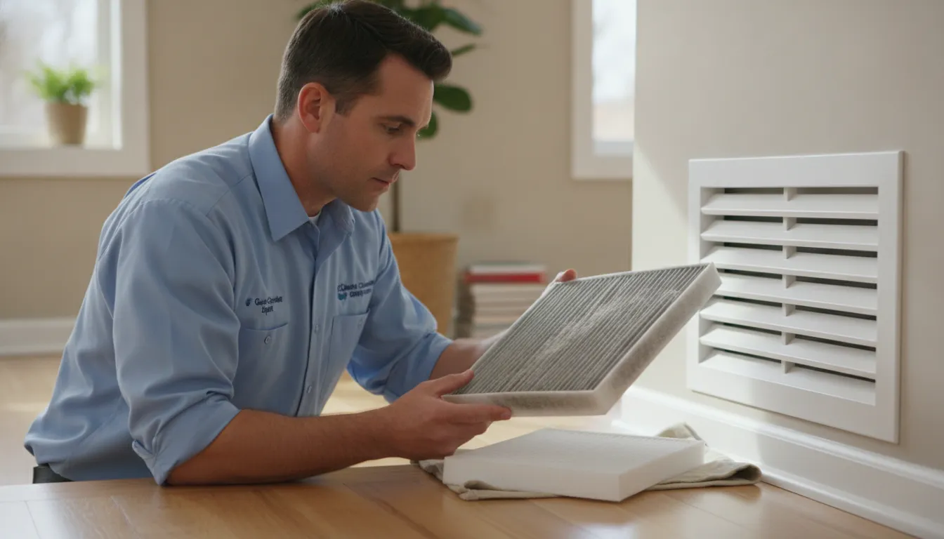 HVAC technician inspecting a pleated filter for better indoor air quality in Winston-Salem