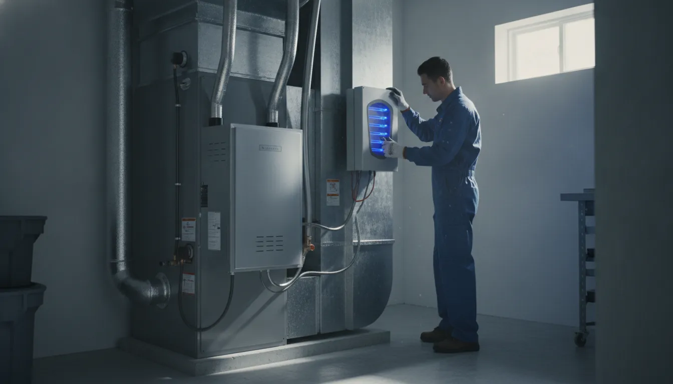 Technician checking humidity control and UV equipment for indoor air quality in Winston-Salem