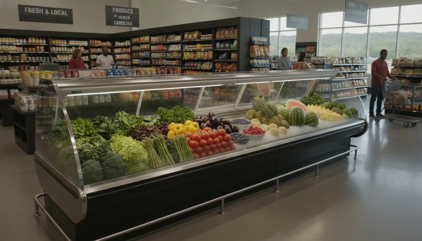 Commercial glass-door refrigeration display case in a grocery store with organized fresh products