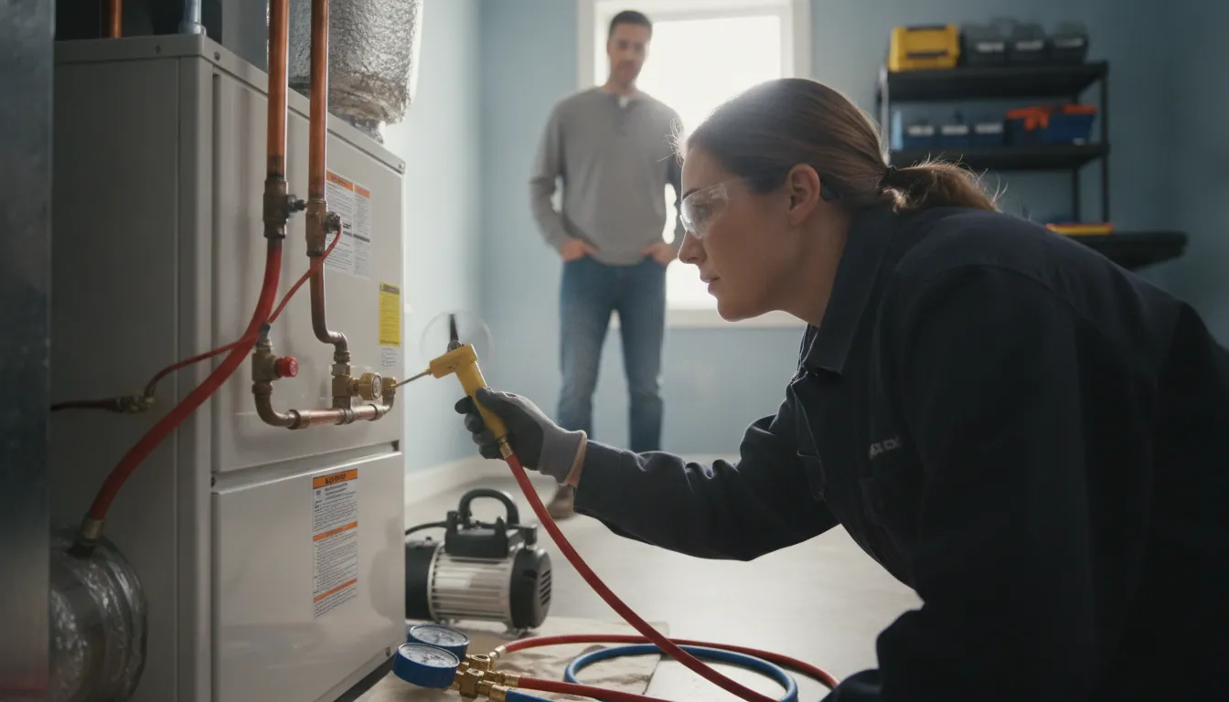HVAC technician checking furnace airflow in a Lexington home