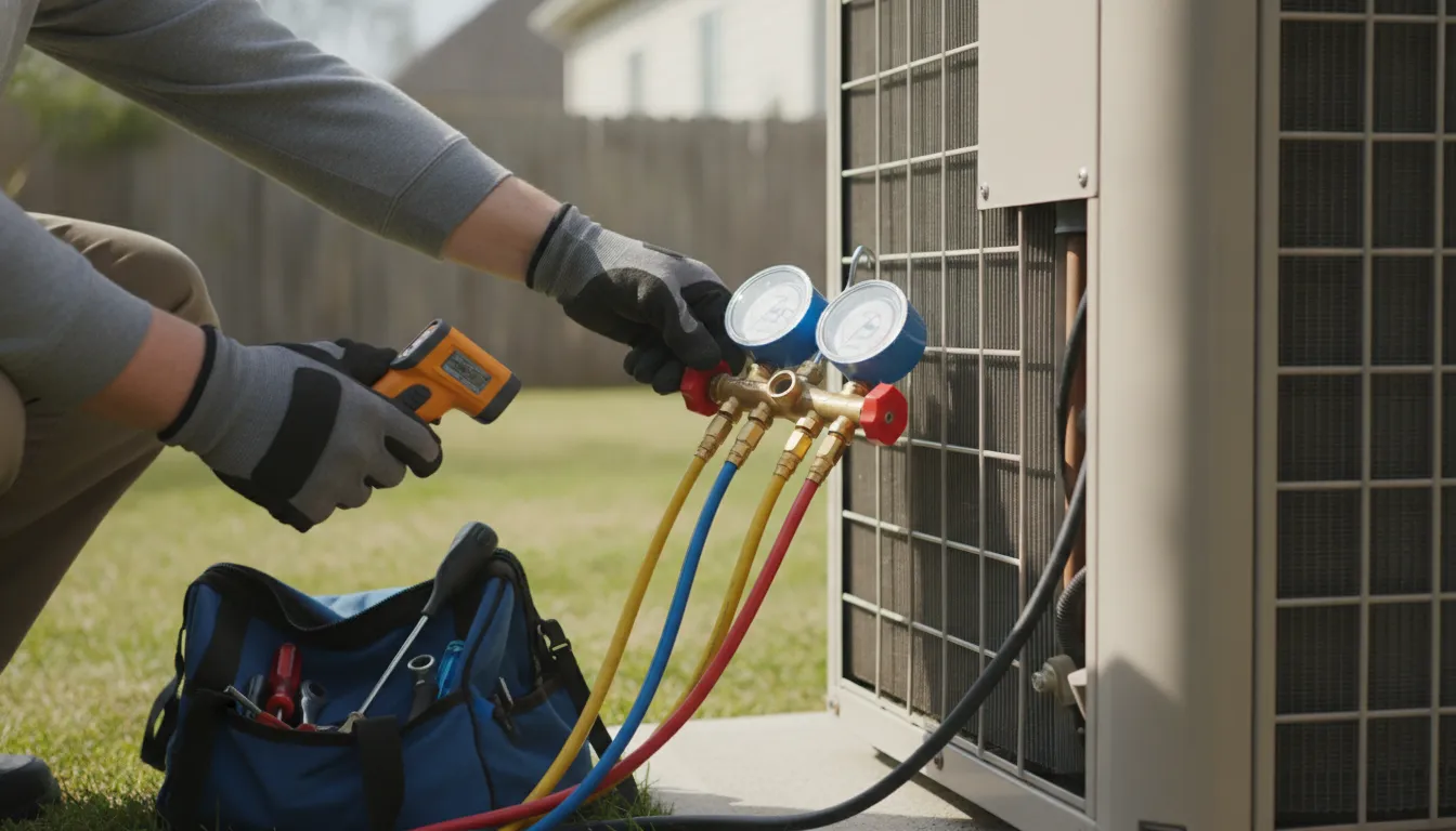A2L refrigerants HVAC technician inspecting a modern residential air conditioning condenser unit with professional service tools