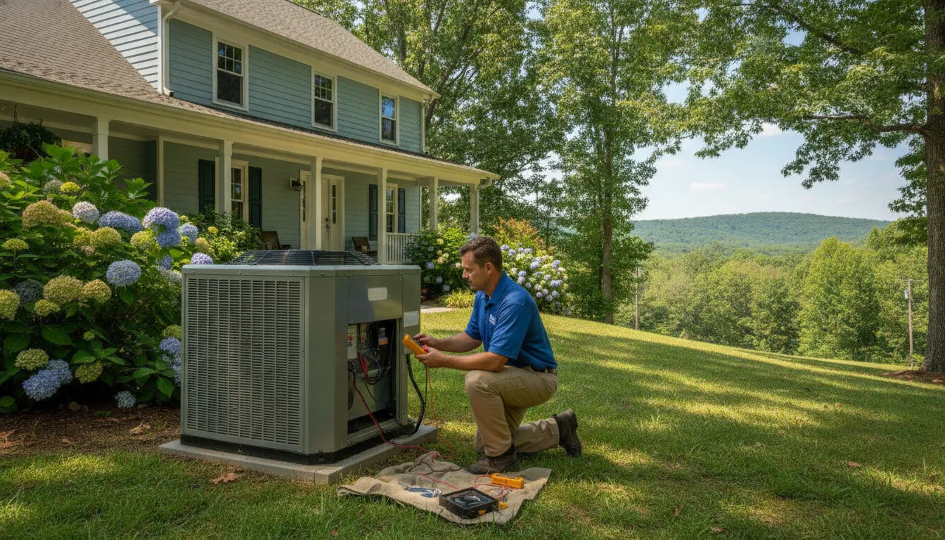 Technician inspecting a residential three ton AC condenser