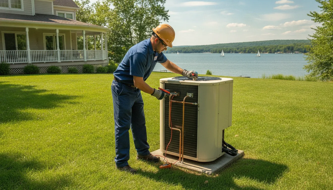 Professional HVAC technician servicing an outdoor air conditioning condenser unit connected to a lakeside home on a bright summer day