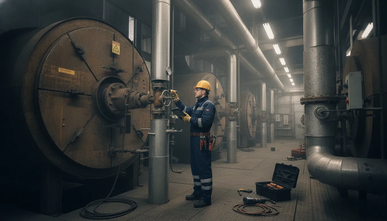 Technician performing an industrial boiler safety and controls inspection