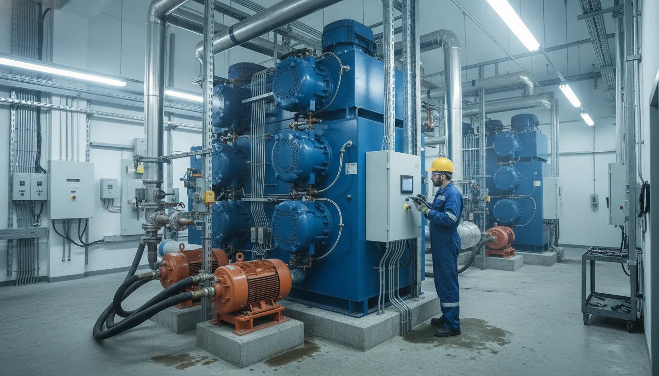 Industrial HVAC technician inspecting a large chiller and hydronic piping
