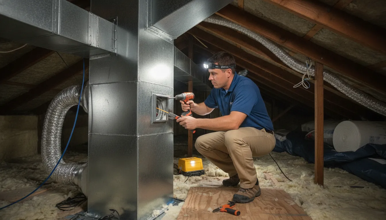 HVAC technician installing a motorized zone damper inside residential ductwork