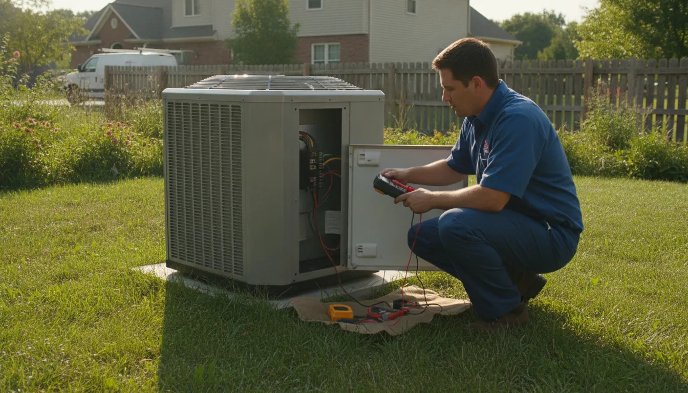 HVAC technician using a digital multimeter to test electrical connections on an outdoor condenser unit during a maintenance visit